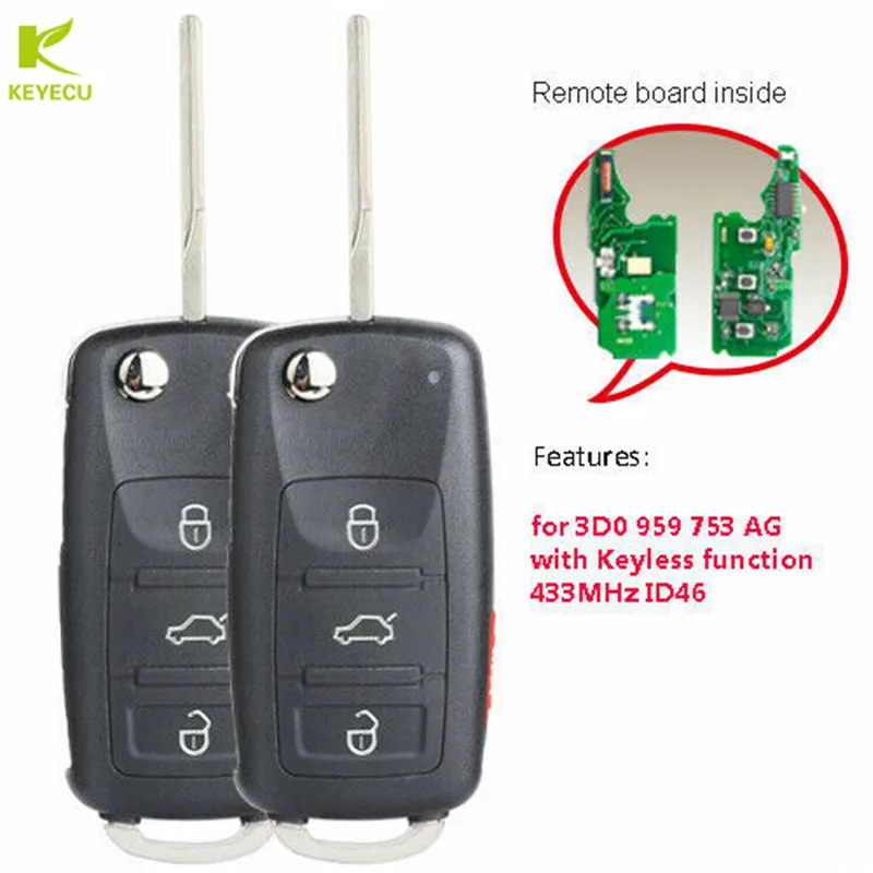 

KEYECU Replacement Keyless Go Function Flip Remote Car Key Fob 315MHz /433MHz ID46 for Volkswagen Phaeton Touareg 3D0959753AG