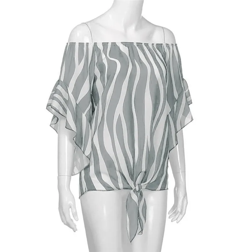 Women Striped Off Shoulder Waist Tie Blouse Short Sleeve Casual T Shirts Tops  (6)