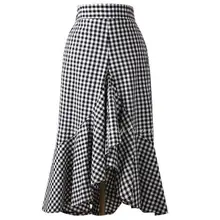 Женская юбка с высокой талией, в черно-белую клетку, с оборками, с юбкой-годе