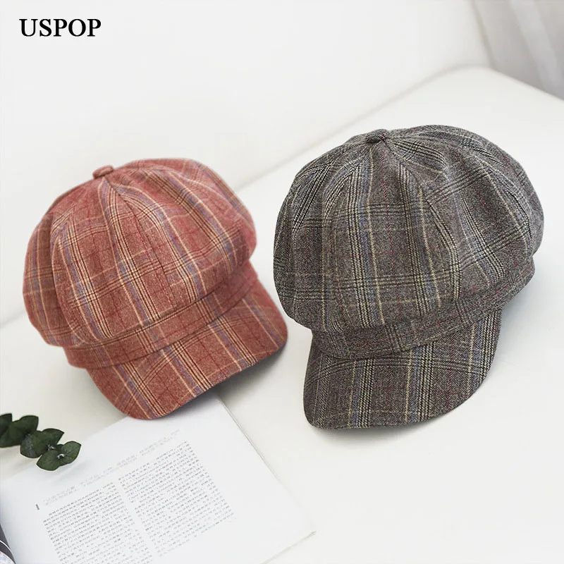 USPOP, осенне-зимняя шляпа, винтажные клетчатые Восьмиугольные шляпы для женщин, модные кепки newsboy, женские толстые кепки с козырьком