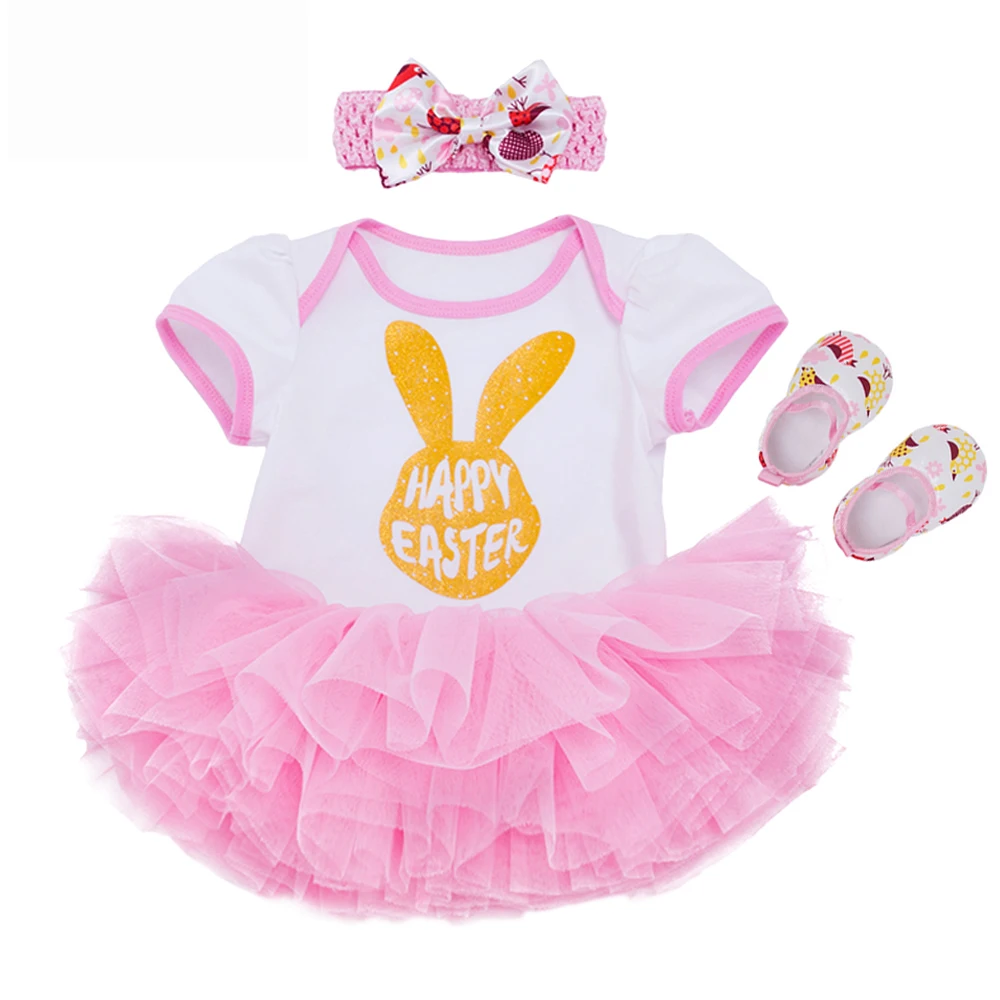 Happy Easter Hare Rabbit Applique Pink Baby Rompers Lace Tutu Dress
