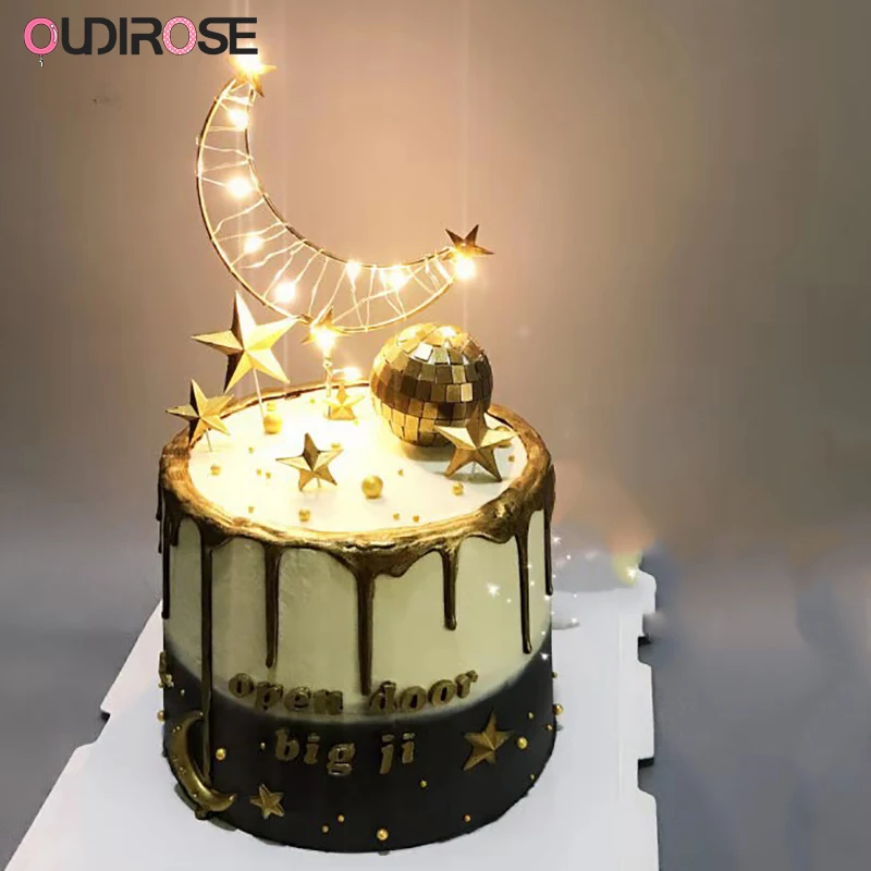 LED Металлические Звезды Луна С Днем Рождения Торт Toppers День Святого Валентина