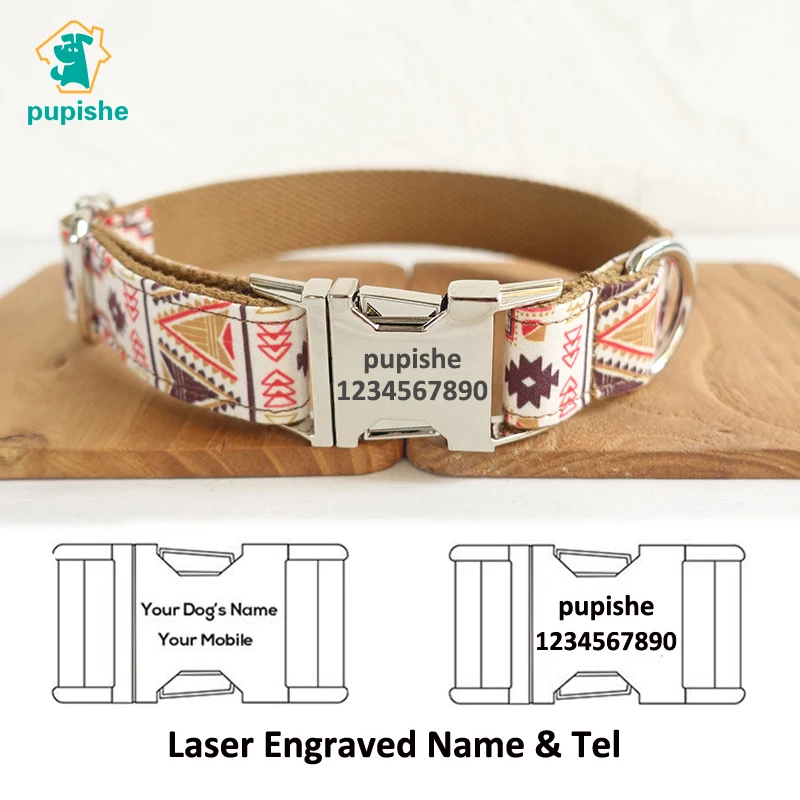 

PUPISHE Folk Pattern Designer Pet Dog Collar Custom Name Large Dog Collar Quick Release Exquisite Gift For Pet Birthday Necklace