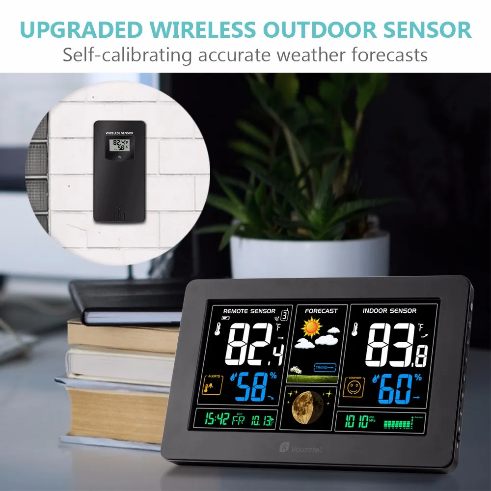 

Houzetek Weather Station Color Forecast With Alert | Temperature | Humidity | Barometer | Alarm | Moon Phase | Digital Barometer