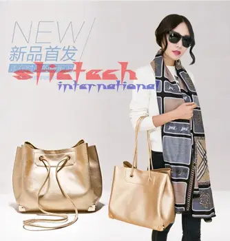 

by dhl or ems 10pcs PU Leather Handbag Metal Color Shoulder Tote Bag Golden Silver Composite Litchi pattern Bags for Ladies