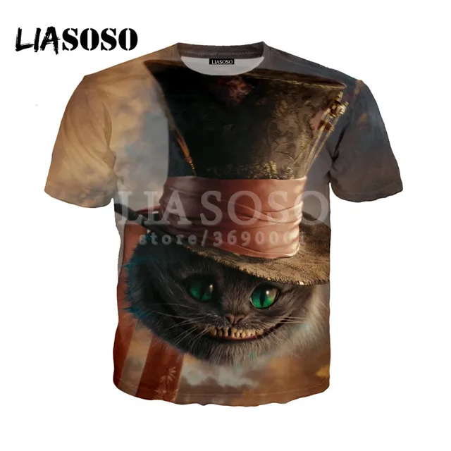 LIASOSO 2018 3D Print Men Woman Alice In Wonderland Cheshire Cute Cat Tshirt Summer T-shirt Hip Hop Pullover Short Sleeve X0488 3