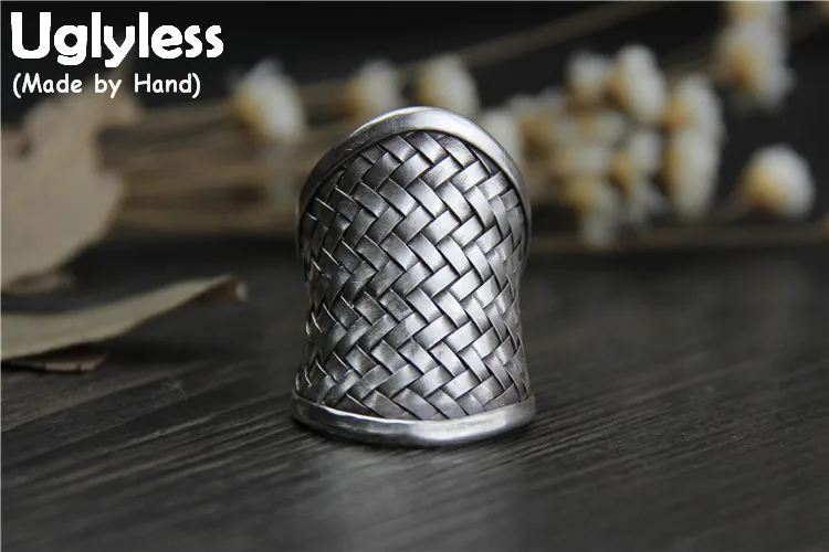 

Uglyless Real S999 Silver Fine Jewelry for Women Exaggerated Designer Wide Rings Personalized Weave Texture Open Ring Handmade