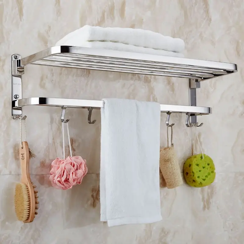 

304 Stainless Steel Polished Bath Towel Rack Folding Movable Bath Towel Holder Double Towel Rails Bars with Robe Hook