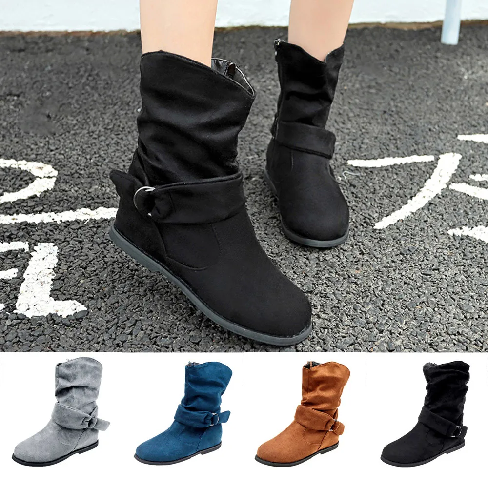 Boots Vintage Style Women Flat Booties Soft Shoes Set Of Feet Ankle Boots Middle PU Leather Winter Warm Snow Boots Shoes T2#