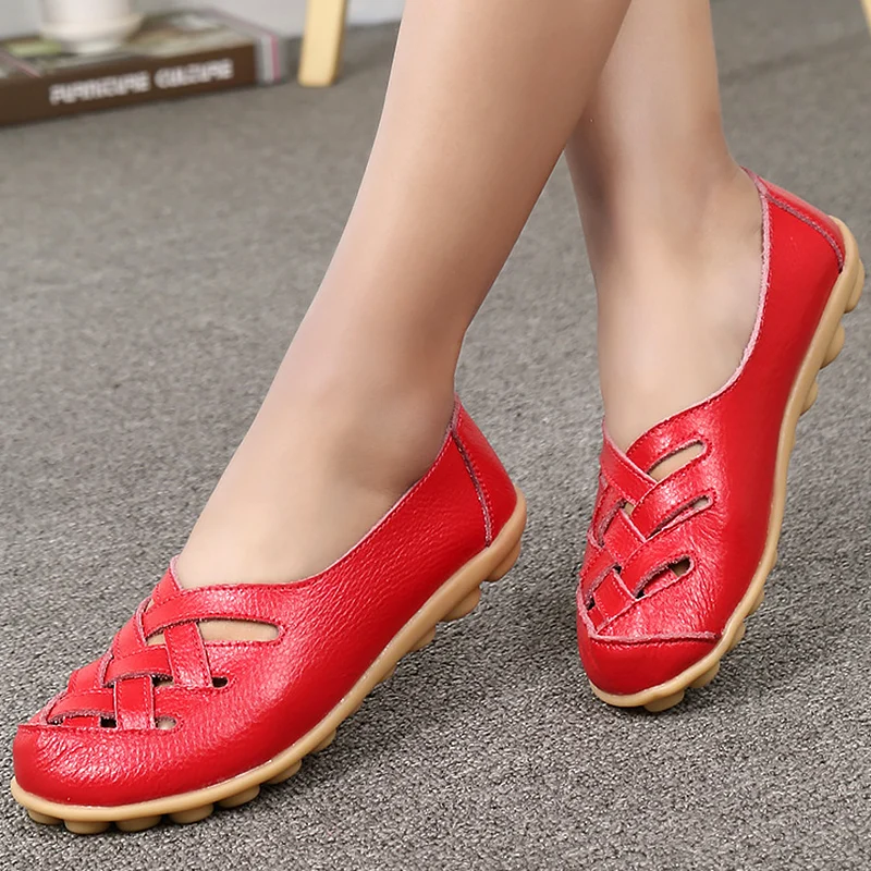 

genuine leather shoes hollow slip-on round toe basic women loafers casual solid flat shoe spring/autumn large size 35-44