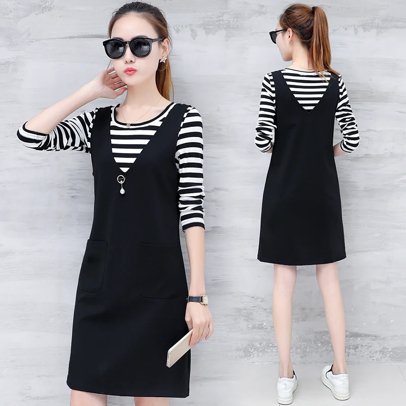 

2019 spring autumn new long-sleeved dress female long section playful suit skirt women's sweatshirt strap dress two-piece suit