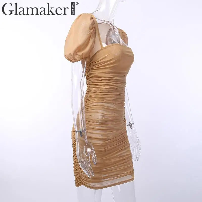 Glamaker, Сетчатое сексуальное мини-платье цвета хаки с рукавами-фонариками, праздничное женское винтажное летнее короткое платье, женские элегантные вечерние Клубные платья