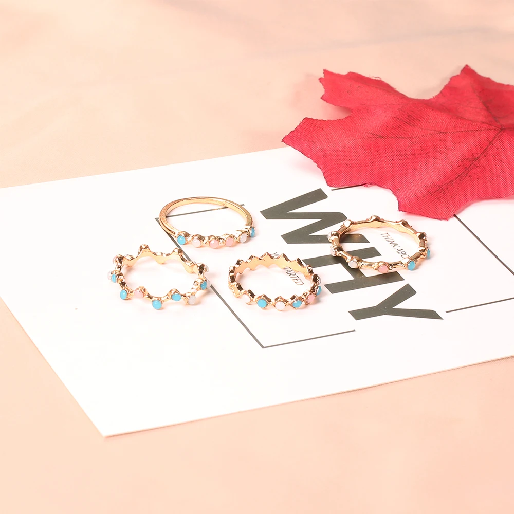 4 шт./компл. модная небольшая волнистая красочные круглые простые геометрические Кристалл Золото изысканное кольцо комплект Для женщин очаровательные подарочные украшения для Для женщин