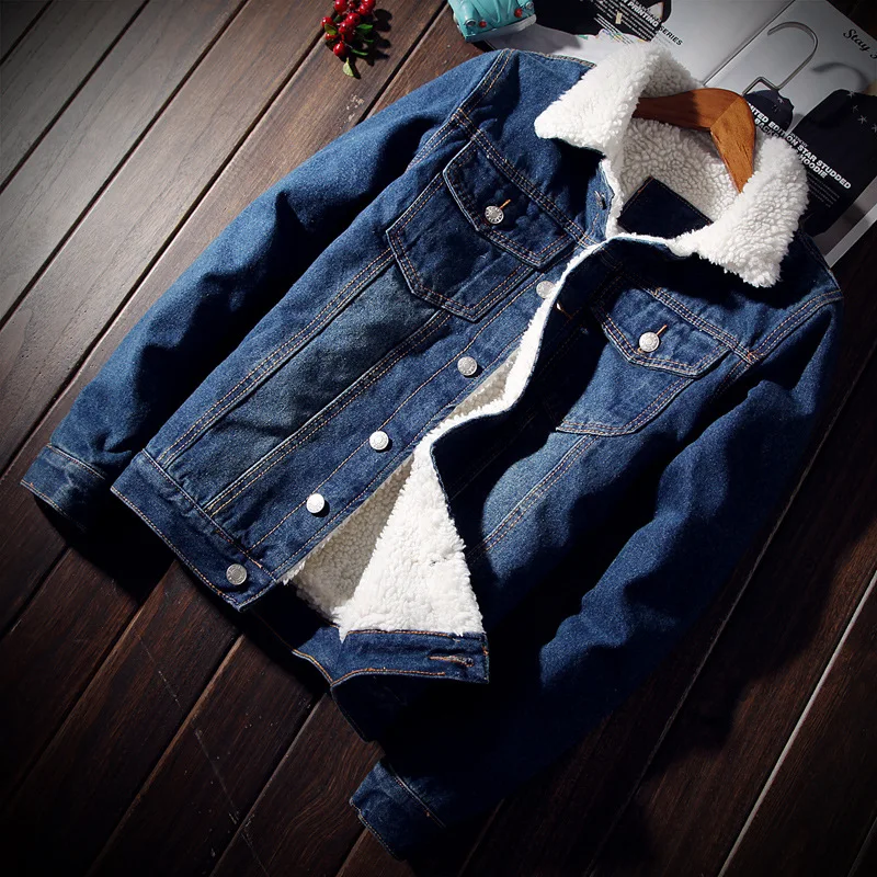 

2019 Winter New Mens Fashion Boutique Plus Velvet Warm Blue Casual Denim Jackets / Mens High-grade Lamb Hair Slim Denim Coats