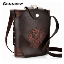 GENNISSY 48 oz Petaca De Cuero Cubierto Con Funda de Cuero Emblema Nacional Ruso Impreso Stainsteel Hip Frascos De Alcohol