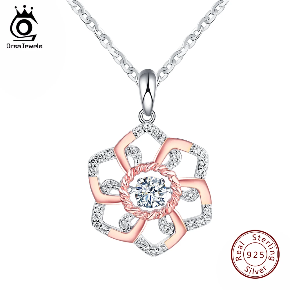 

ORSA JEWELS Genuine 925 Silver Cute Flower Pendant Necklace with 0.3ct Movable Shiny CZ mixed Rose Gold Color Necklaces SN13