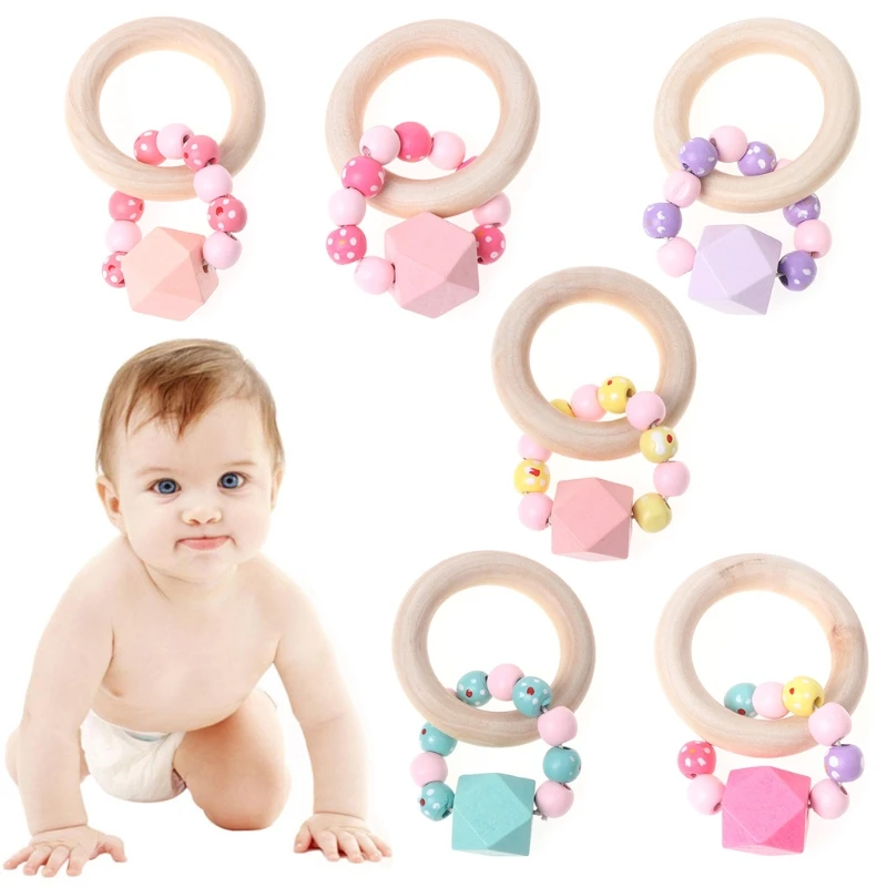 OOTDTY Safety Baby Teether Cute Ring Shaped Colorful Bead Teething Nursing Pacifier Natural Wood