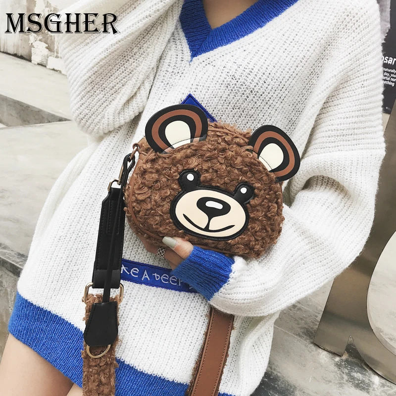 

MSGHER Cartoon Winter Design Faux Fur Female Messenger Handbag Teddy Bear Head Women Shoulder Bag For Girl Kid Gift Cute Toy Bag