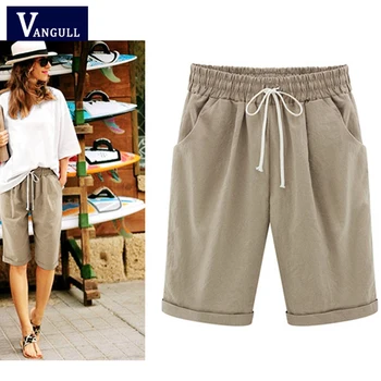 

Vangull 2019 Summer Casual Women Cotton Short Pants Solid Elastic Band Waist Sashes Knee Length Straight Thin Plus Size Pants