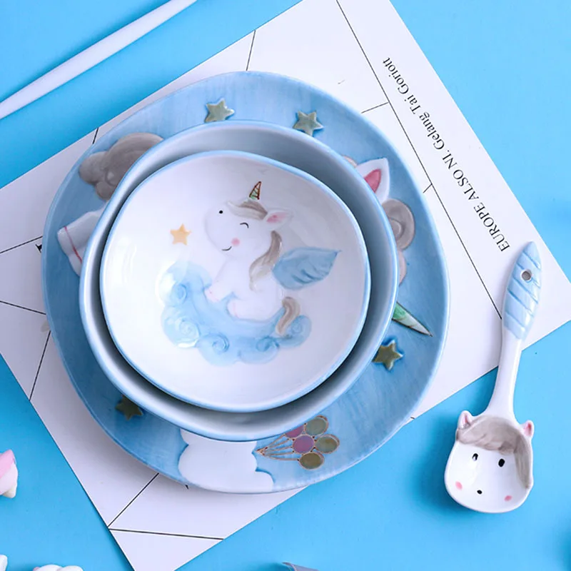 Набор керамической посуды с милым единорогом из мультфильма, фарфоровая тарелка с животным, тарелка, миска, ложка, детский обеденный набор для завтрака, подарок