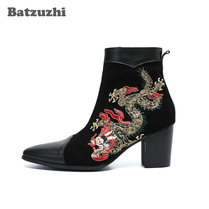 Camurça Totem 7 Preto Batzuzhi Cavalheiro Com Bordado Alto Vestido 8 De Centímetros Zip Homb Salto Botas Tornozelo Dos Curtas Homens O7aq7B