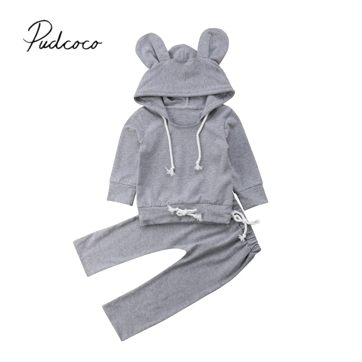 

2018 Brand New Newborn Infant Baby Girl Boy Mouse Clothes 2PCS Long Sleeve Hooded 3D Ears Grey Sweatshirt Tops+Pants Autumn Sets