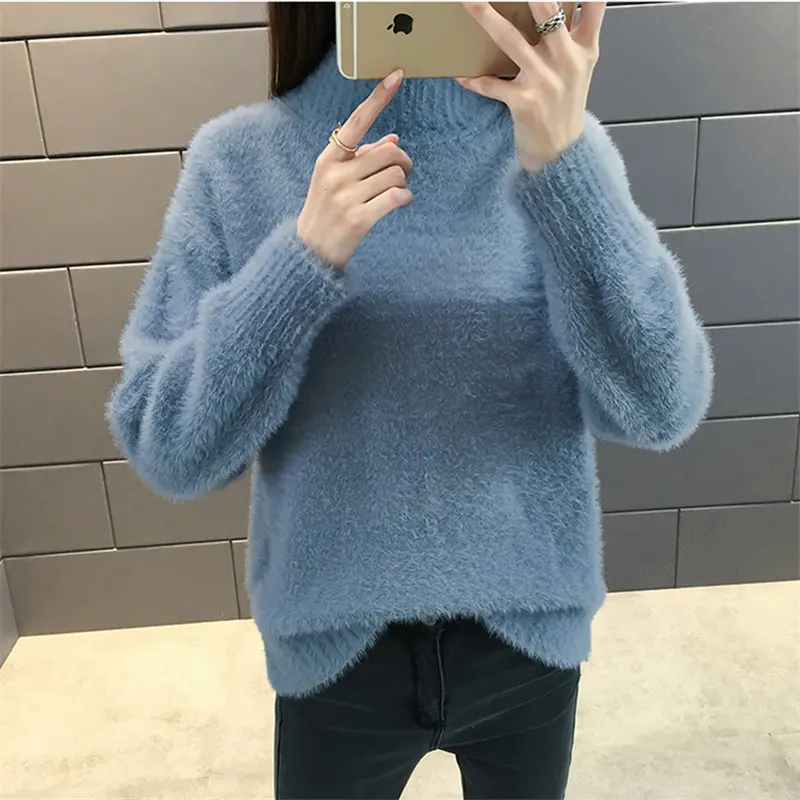 Winter Turtleneck Sweater Korean Faux Fur Long Sleeve Fluffy Pullover Women Knitted Jumper 2018 Winter Warm Sweaters