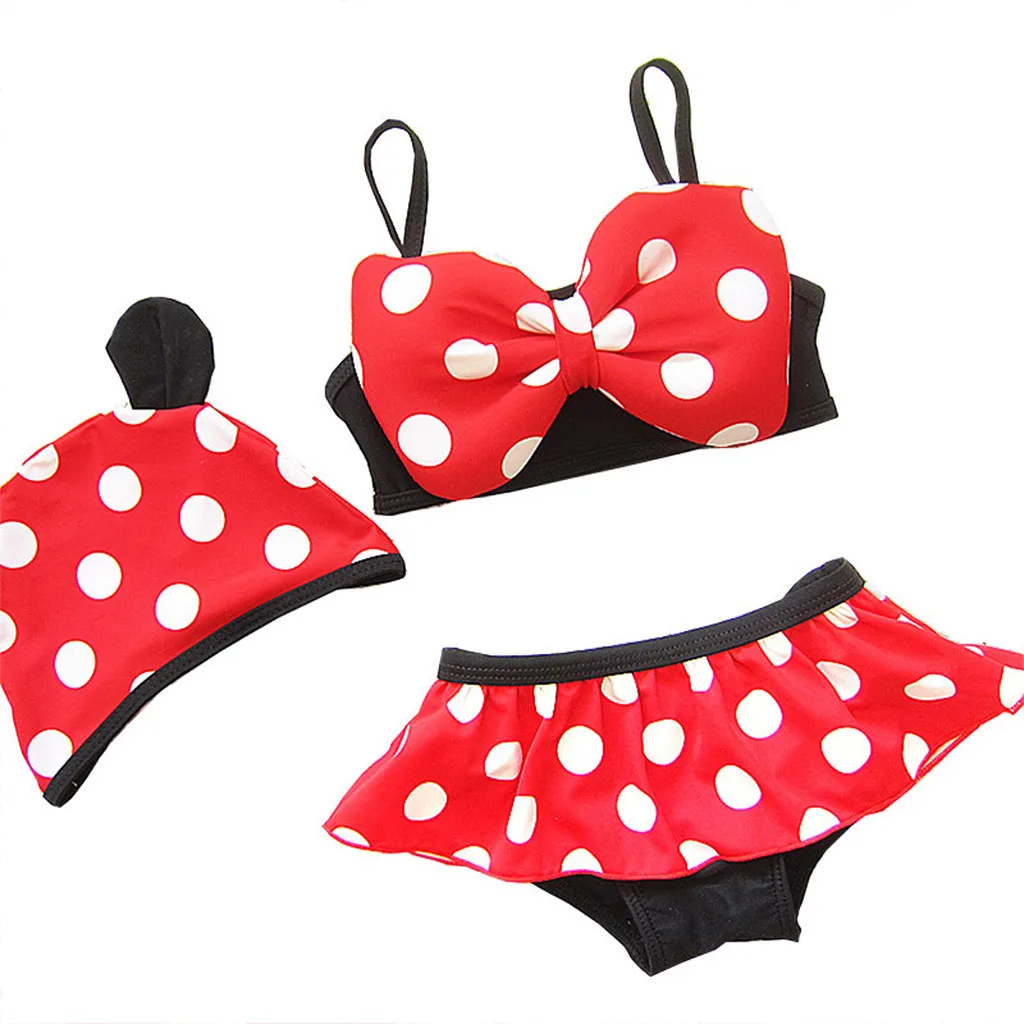 

Children Swimwear for Girls Polyester Two Piece Swimsuit Bathing Suit Bikini Dot Beach Sleeveless Romper Hat Outfit Sets K330