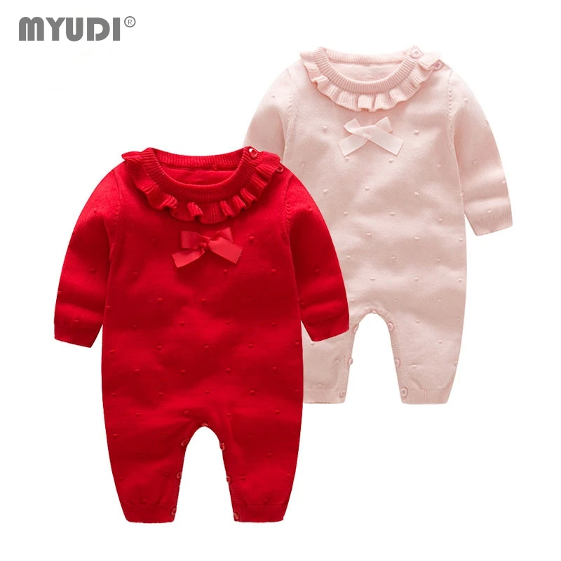 Myudi -Newborn Baby Girl Sweater Sweet Cotton Knitted Lotus one piece Clothing Children’s Warm Bow-tie Romper Toddler Wear 0-2Y