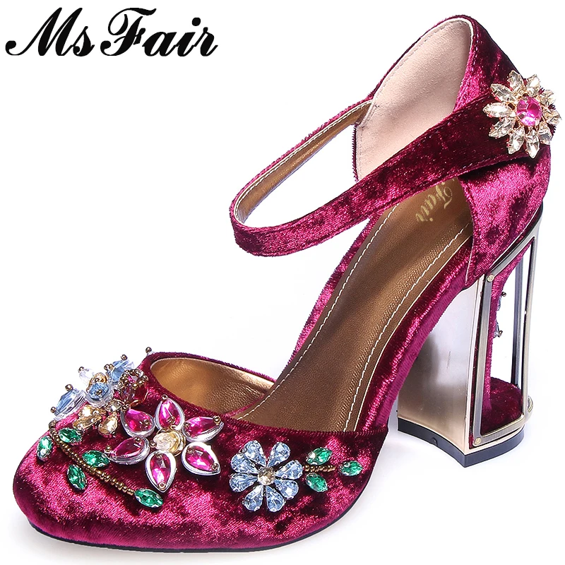 Femmes Chaussures pourpre Décoration Sandales Boucle Hauts Métal Fleur Msfair Femme Talons Mode Noir En rouge Cristal Marque qtn7ZfwPp