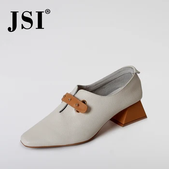 

JSI 2020 New Square Heel Women's Pumps Spring Casual Handmade Genuine Leather Shoes Fashion Buckle Slip On Square Toe Pumps JO11