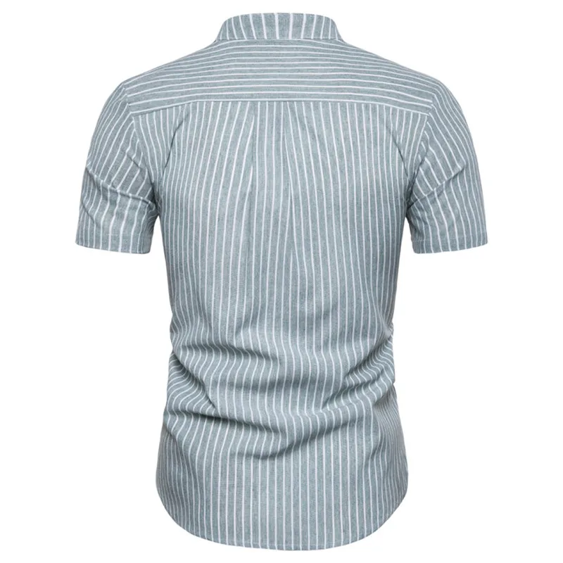 Летний мужской пуловер в полоску, модная мужская Тонкая рубашка со стоячим воротником и коротким рукавом для мужчин, новинка, европейский размер, рубашки