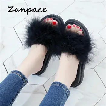 

Summer Handmade Fur Slides Outside Solid Feather Soft Bottom Slippers Women Non-slip Med Flat with Women Shoes Beach Slippers