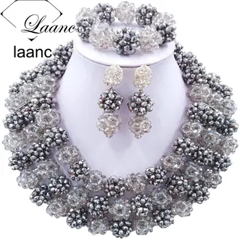 

Laanc Silver and Grey African Wedding Beads Bridal Jewelry Sets Nigerian Women Necklace and Earrings Bracelets AL617