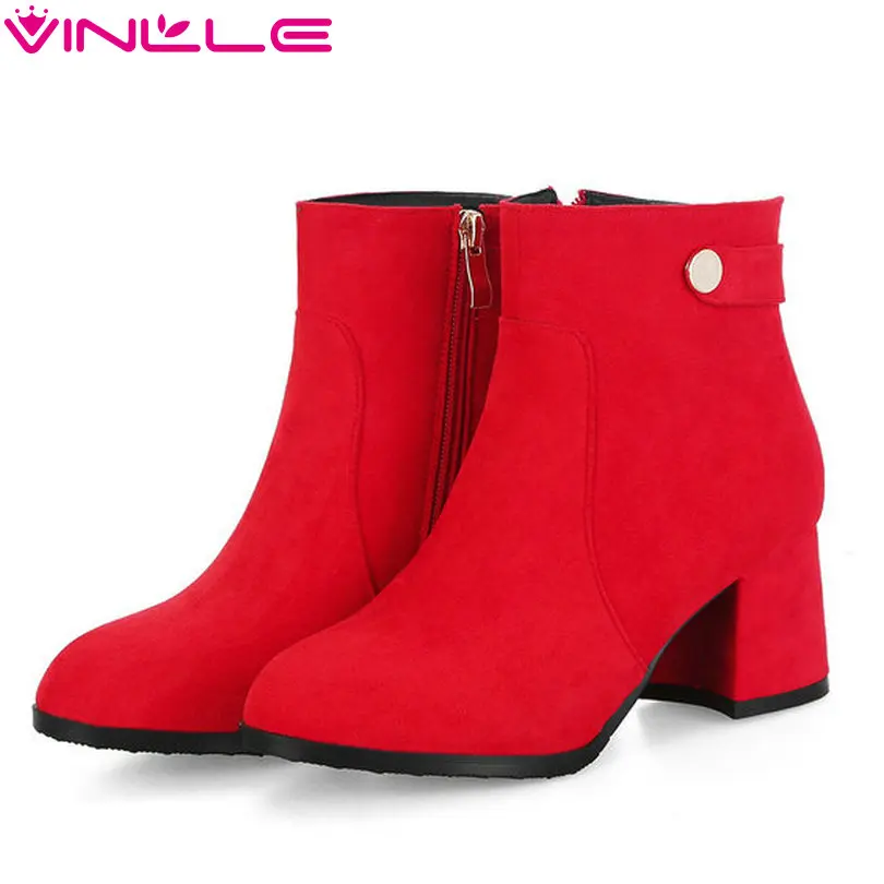 

VINLLE 2019 New Fashion Women Ankle Boots Flock Round Toe Boots For Girls Platform Zipper All Match Winter Bootsl Size 33-43