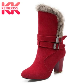 

KemeKiss Size 33-43 4 Colors Winter Warm Plush Fur Boots Women High Heel Shoes Round Toe Metal Buckle Boots Women Footwear
