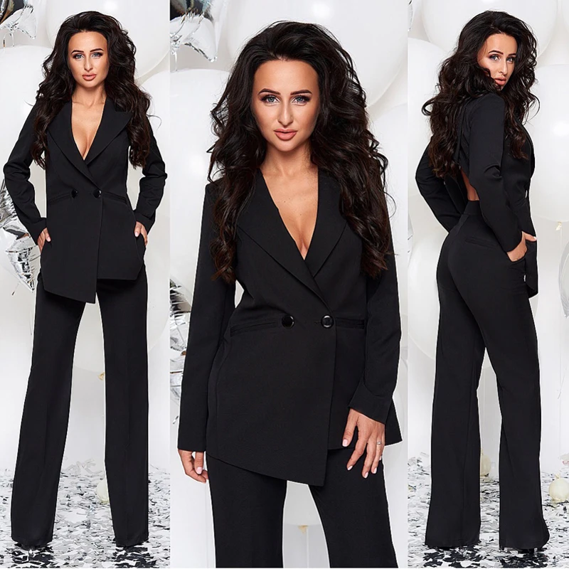Bqueen 2018 Fashion V-Neck Sexy Blazers Formal Women Elegant Skinny Hollow Out Split Black White Two Pieces Pant Suits Set