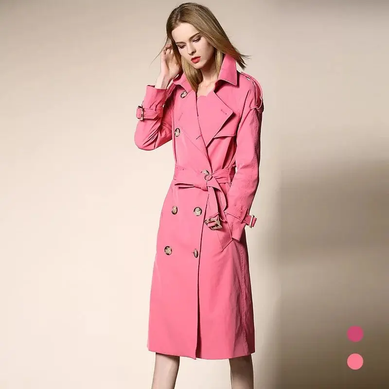 

European Women's X Long Trench Double Breasted Belt Coat 2018 Autumn Windbreak Designer Female Outerwear Solid Pink Rose Clothes