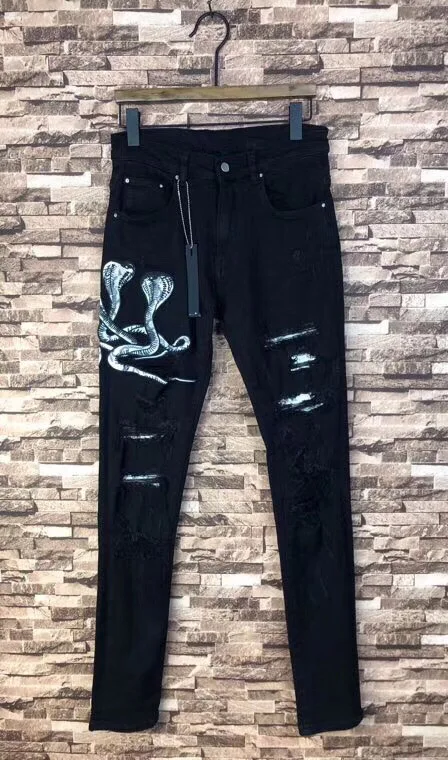 

Men embroidery cobra python snake patch skinny distressed black jean