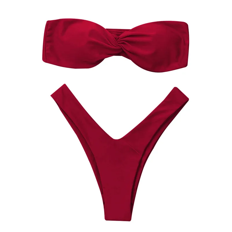 Bathing suit featuring padded strapless tube bikini top split detailing push up hipster swim bottoms women's swimming biquini