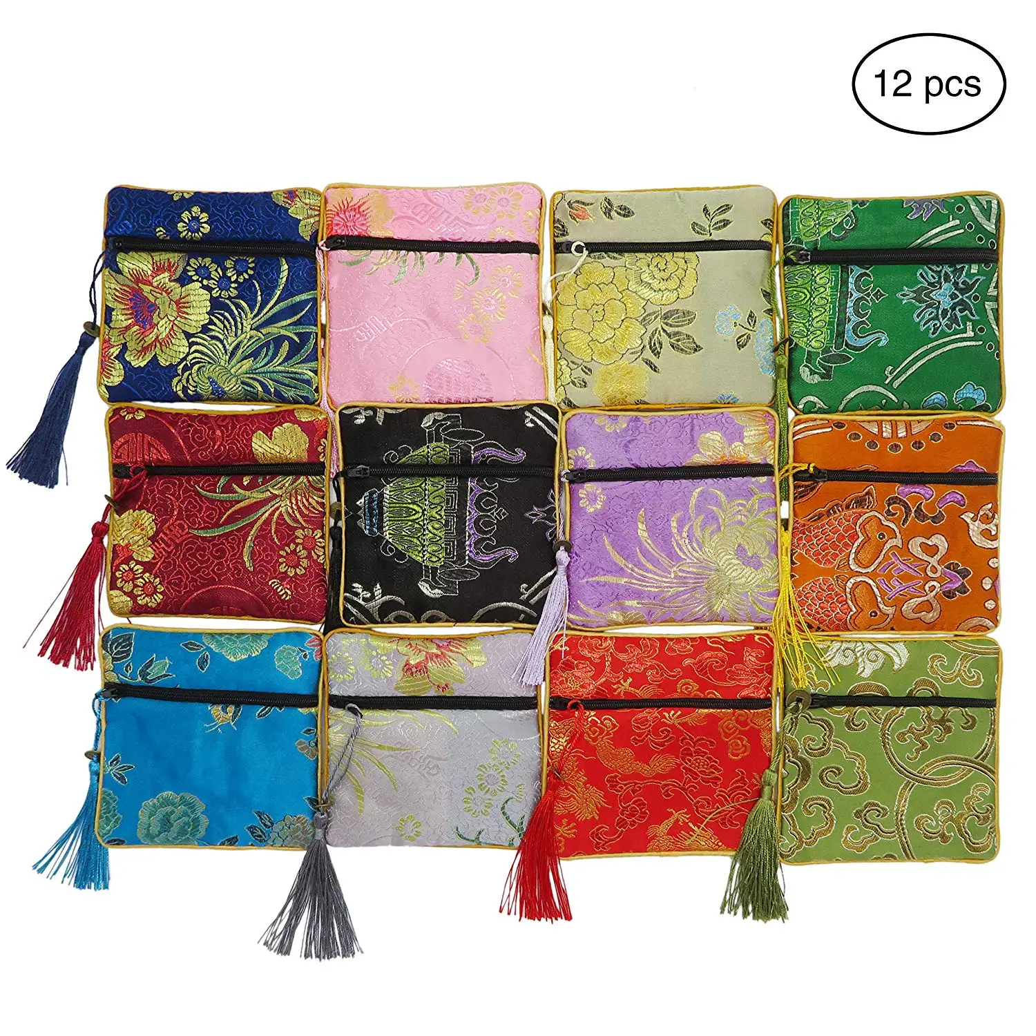 Details about   12 Pieces Jewelry Silk Purse Pouch Chinese Embroidered Brocade Zipper Gift pack 