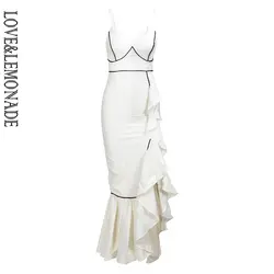 Любовь и лимонад SSexy белый v-образным вырезом Sling Cut Out отделка из оборок Bodycon Maxi платье LM119526