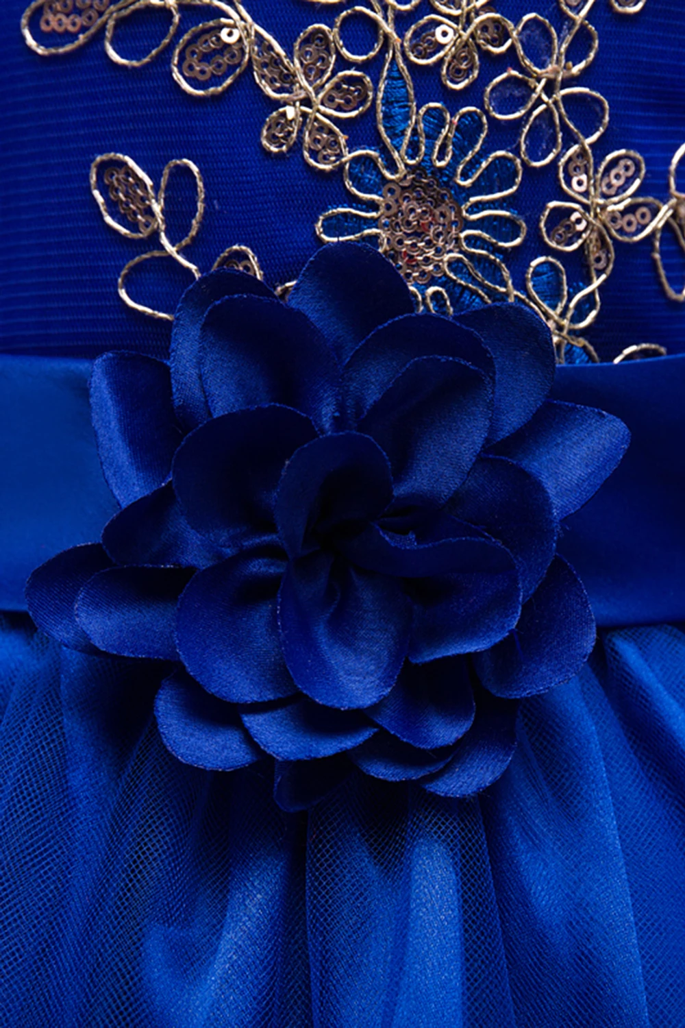 Королевские синие платья с цветочным узором для девочек; коллекция года; Детские вечерние платья с золотыми кружевами и блестками; Пышное Платье с оборками; vestido comunion