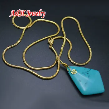 

10pcs New Arrival Natural Blue Howlite Shield Shape Pendant Necklace 26'' Snake Chain Lobster Clasp Fashion Women Jewelry