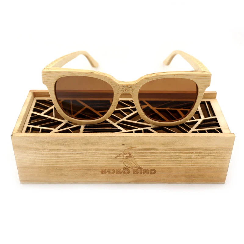 Бобо птица натурального бамбука Ретро Солнцезащитные очки для женщин для Для мужчин и Для женщин ручной работы поляризационные деревянные очки с деревянной подарки коробка Защита от солнца Очки