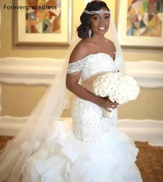 Elegant African Mermaid Wedding Dresses 2019 Ruffles Off The Shoulder Pearls Lace up Back Bridal Gowns BC1122  188 (2)