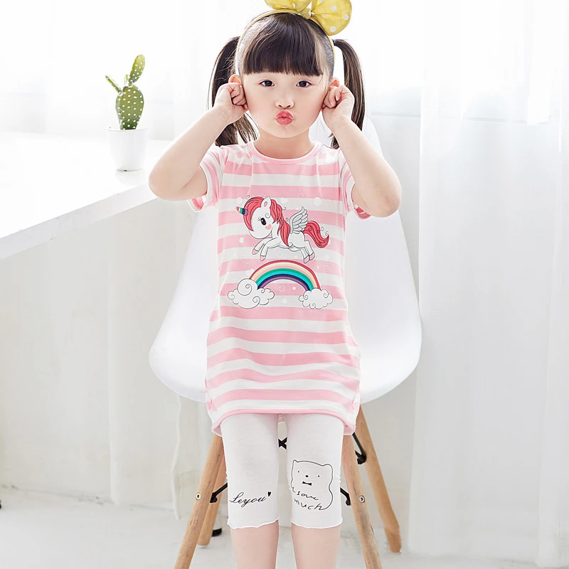 

New Unicorn Party Summer dress for girl 3 8 Years Cartoon Print Striped Kids School Casual Daily Children's Clothing Pink Size 8