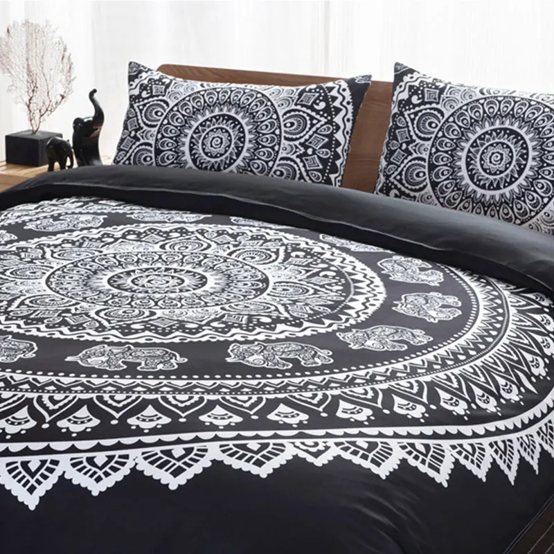 

FLC 3 Pcs Bohemian Style Elephant Print Bedding Set Pillowcase Duvet Cover Set Queen Size Home Textile 25