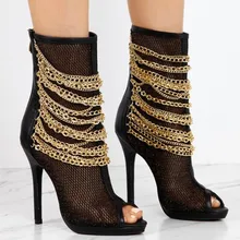 Women Black Mesh Fashion Ankle Boots Gold Chain Decorated Fashion Peep Toe Short Booties Back Zipper Thin High Heels Shoes Woman цена Women Black Mesh Fashion Ankle Boots Gold Chain Decorated Fashion Peep Toe Short Booties Back Zipper Thin High Heels Shoes Woman цены онлайн