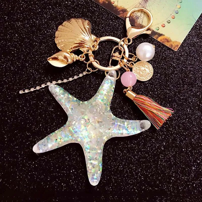 Fancy-Fantasy-Hot-New-Cartoon-Sea-World-Starfish-Pearl-Shell-Keychain-Key-Chain-KeyRing-Crystal-Pendant